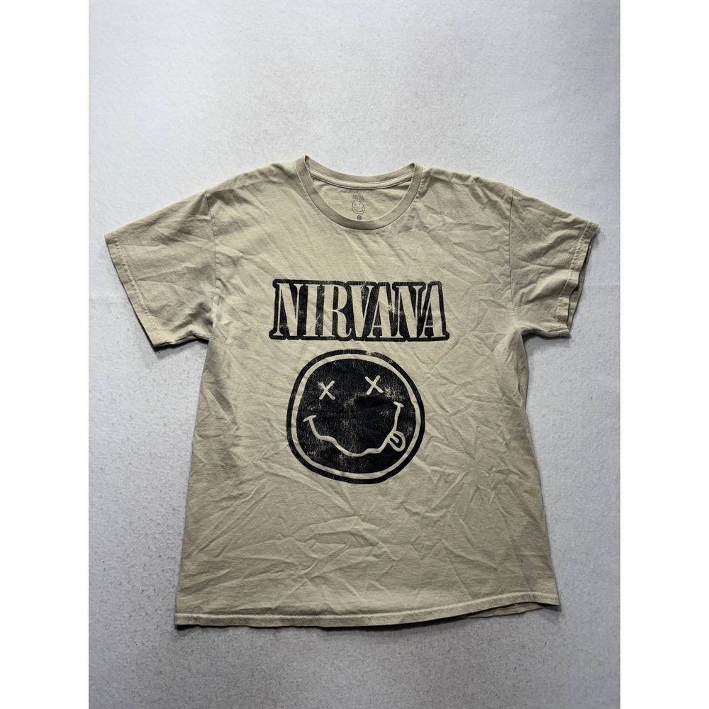 Nirvana Shirt Mens Large Beige Smiley Face Logo Graphic Tee Rock Band Music